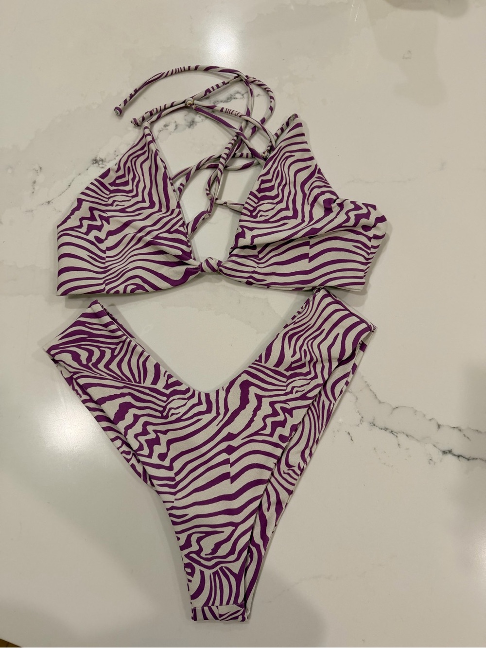 Skatie Purple and White Zebra-Print Strappy Bikini Set